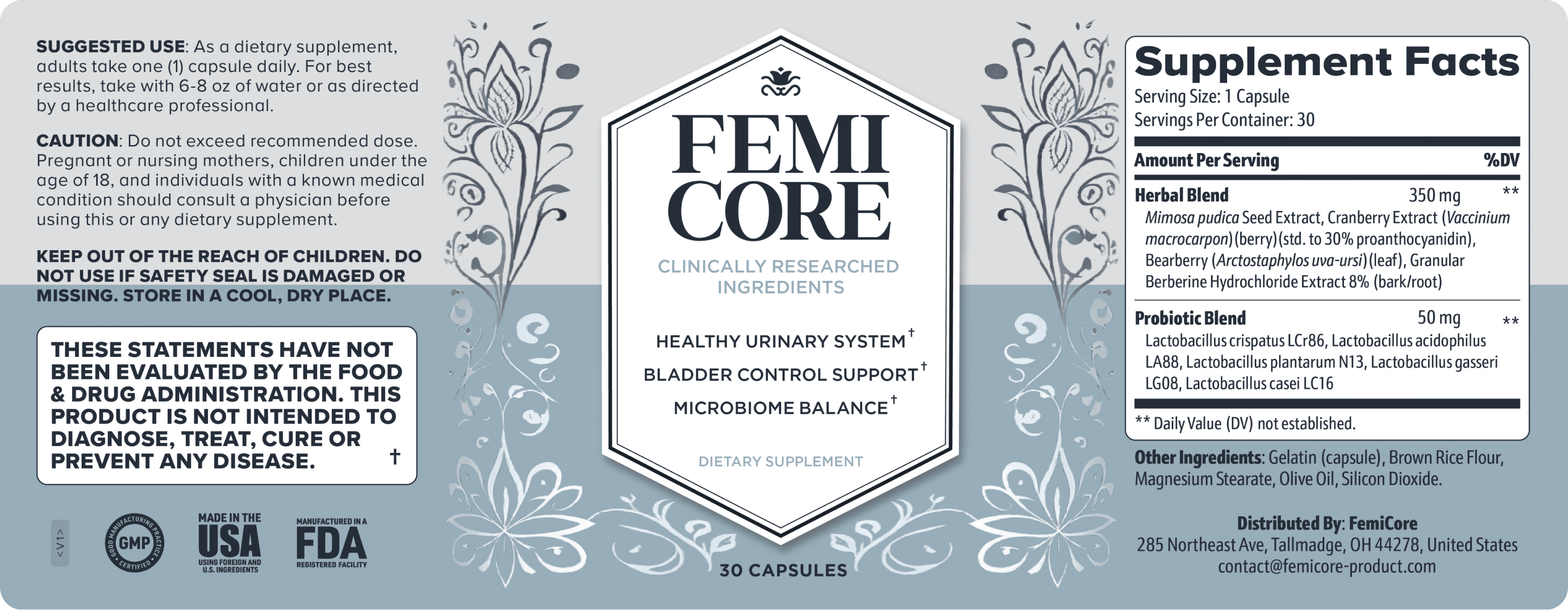 FemiCore Official Supplement Facts Label